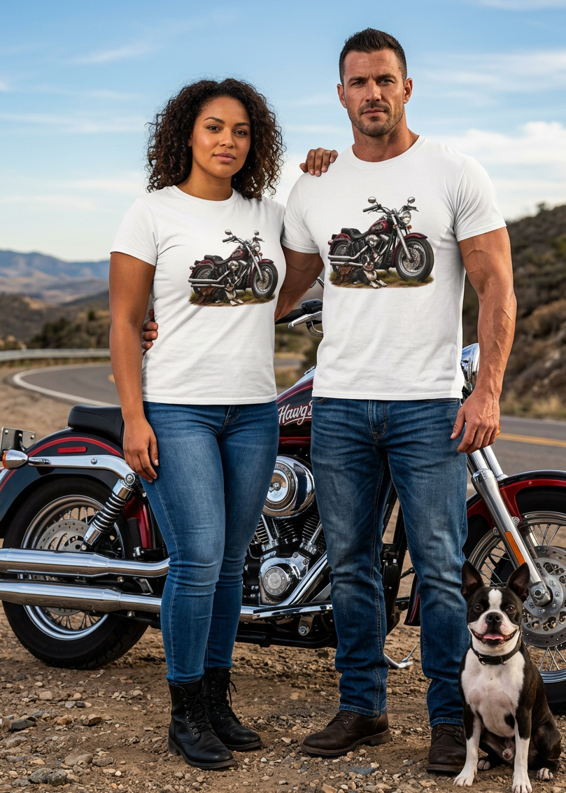 Couple in white Boston Terrier tees beside a motorcycle with a Boston terrier on a mountain road