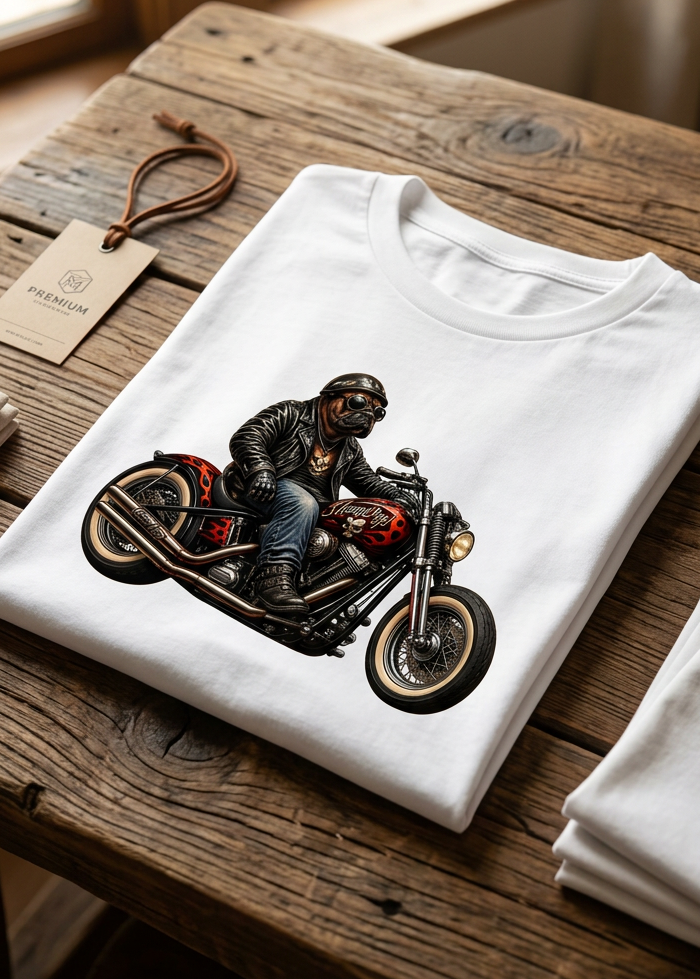 Front of the Lucent White HawgDogs Bulldog tee with a bulldog in a leather jacket and goggles riding a black motorcycle with red flames on the tank
