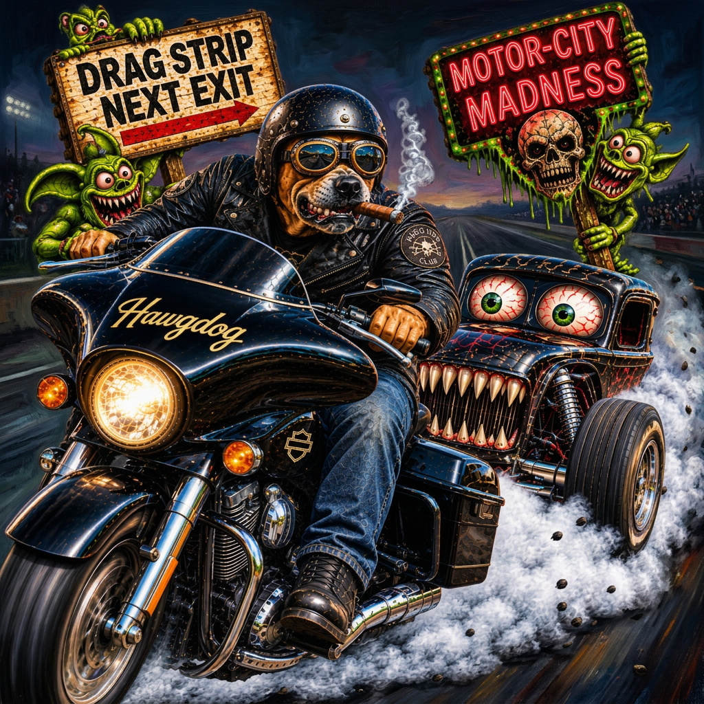 Drag Rage artwork: zombie rider on a motorcycle racing a hot rod by a drag strip sign