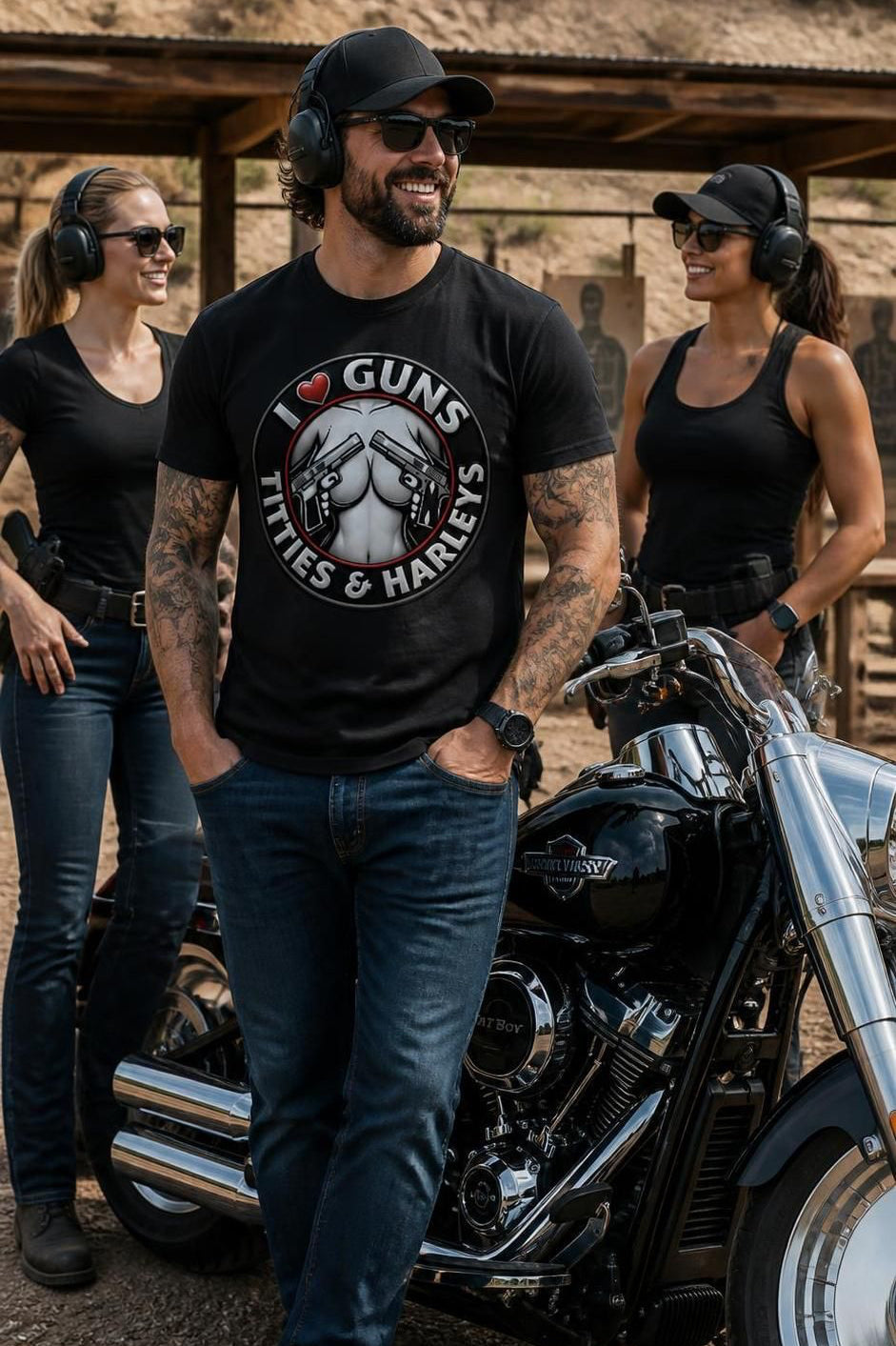 I ♥ Guns & Harleys men's tee shirt by HawgDog Gear, black, front, worn by a rider