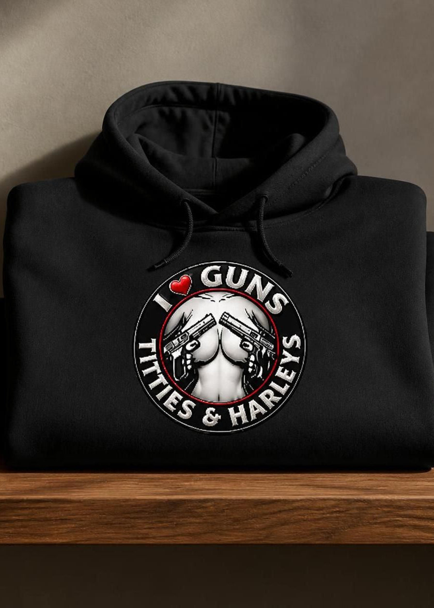Front of the white HawgDogs I Love Guns and Harleys Men's Hoodie on a wooden hanger
