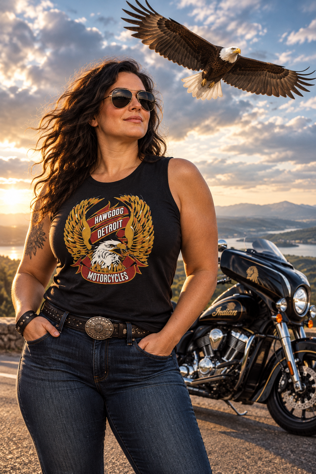 Woman in the black Classic Gold Eagle women's crewneck tank by her motorcycle as an eagle soars