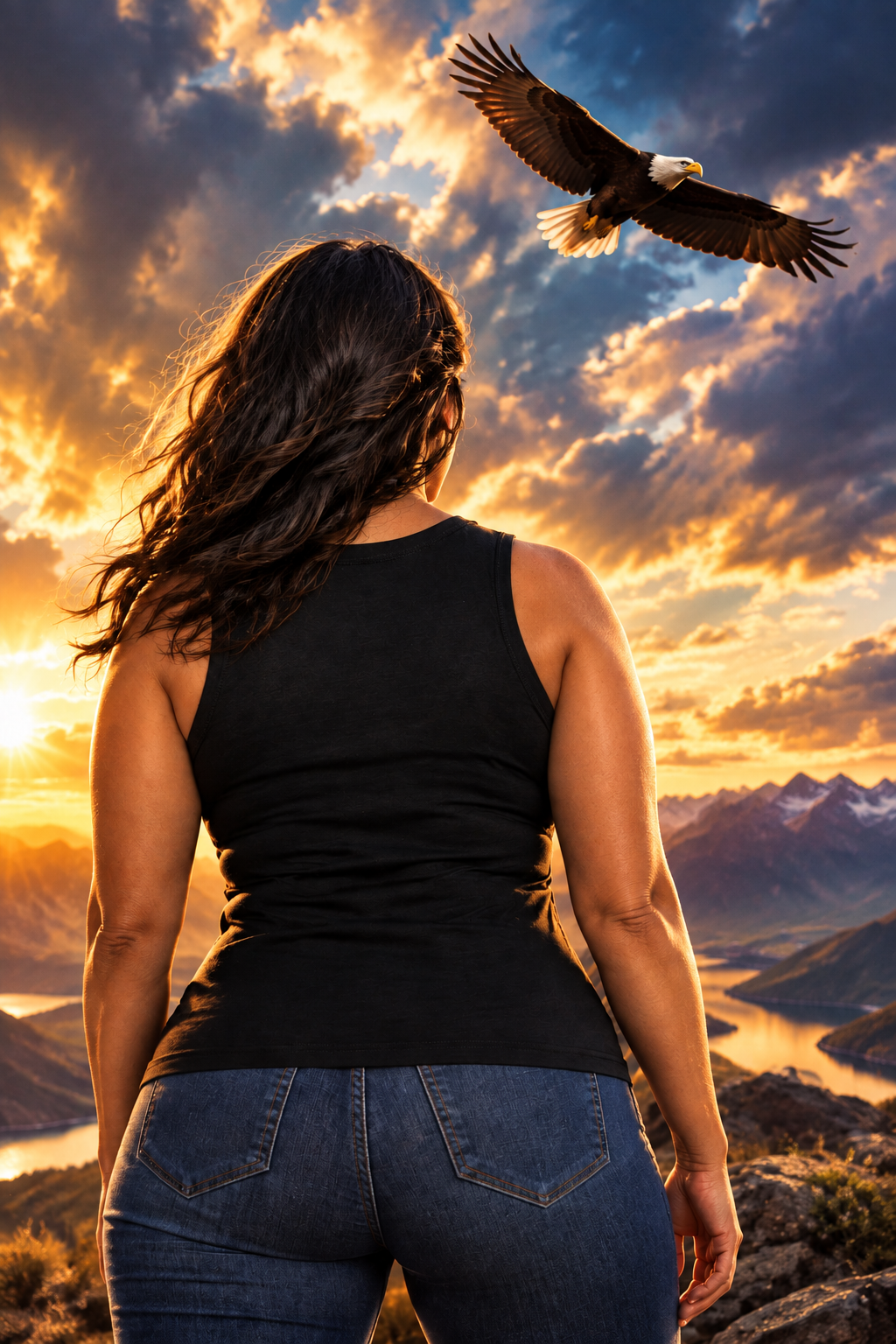 Back of the black Classic Gold Eagle women's crewneck tank at sunset