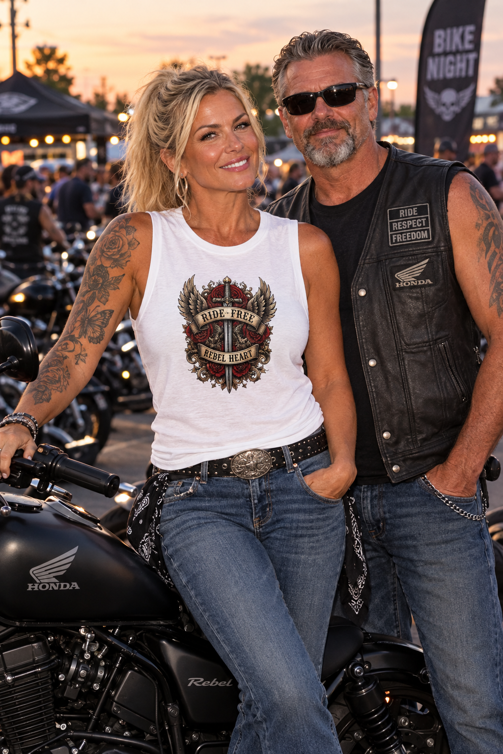 Woman in the white Rebel Heart women's crewneck tank at a motorcycle rally