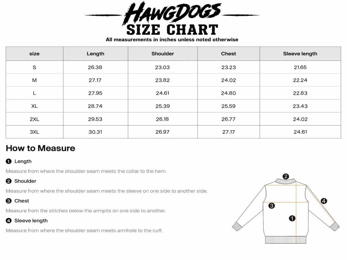 HawgDogs RW0075 relaxed fit hoodie size chart S-3XL