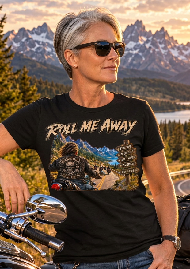 Man in the black Roll Me Away tee leaning on his motorcycle at sunset