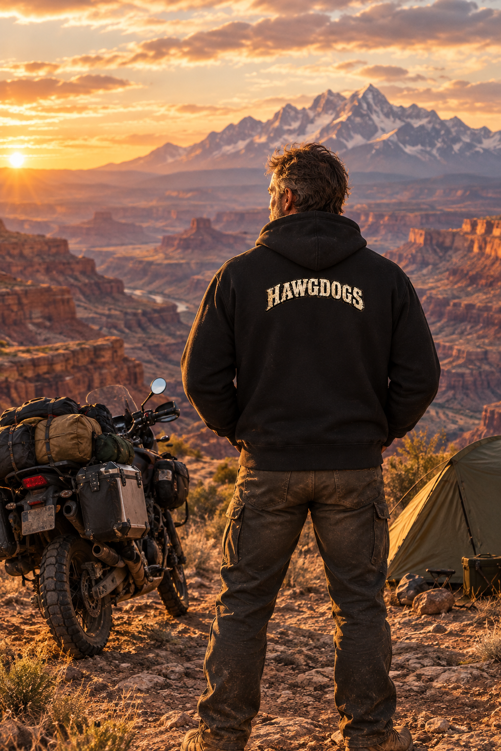 Back of the black Roll Me Away hoodie with the HawgDogs logo at a campsite