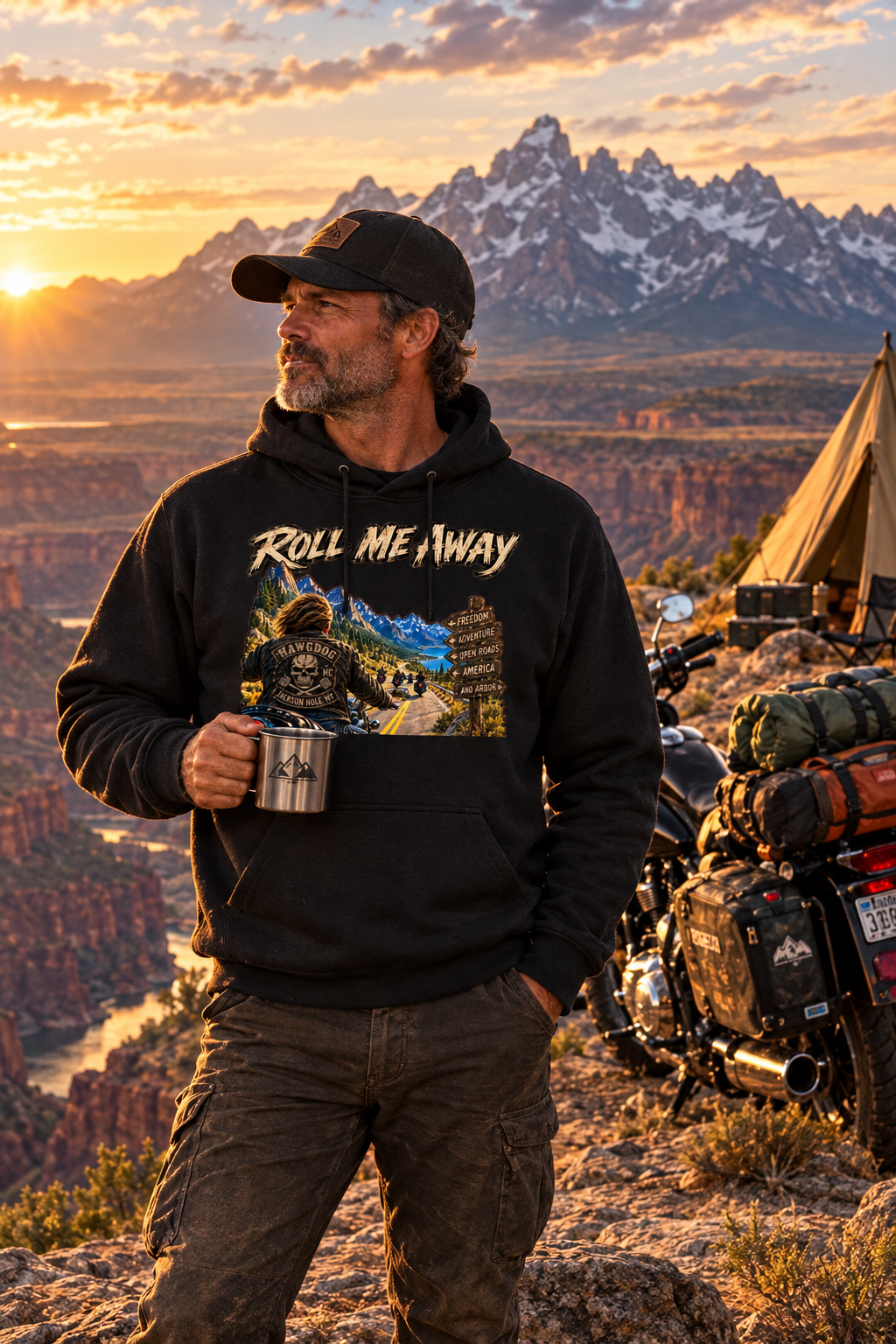Man in the black Roll Me Away hoodie holding coffee at a mountain campsite