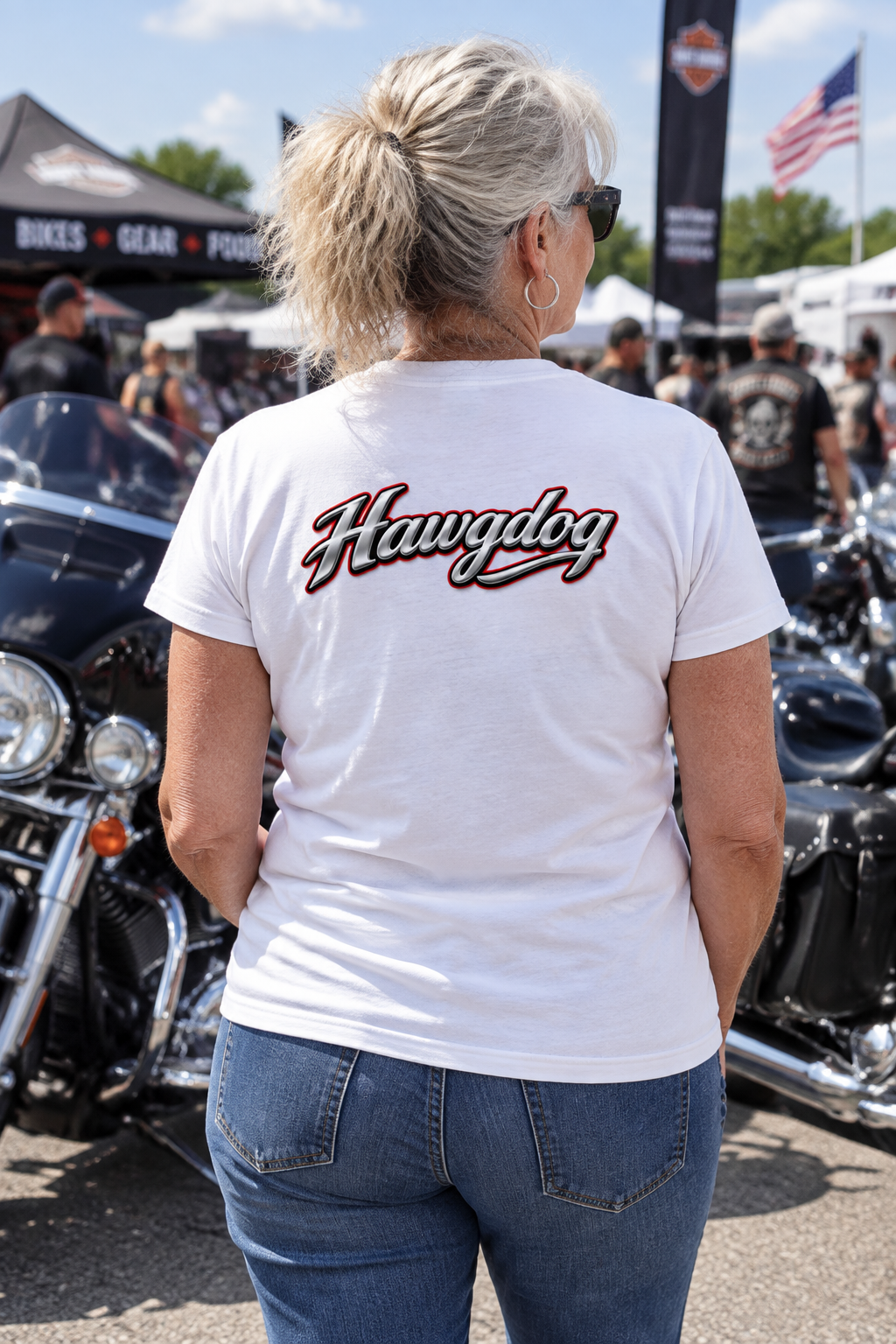 Back of the white Save A Horse tee with the Hawgdog script logo at a rally