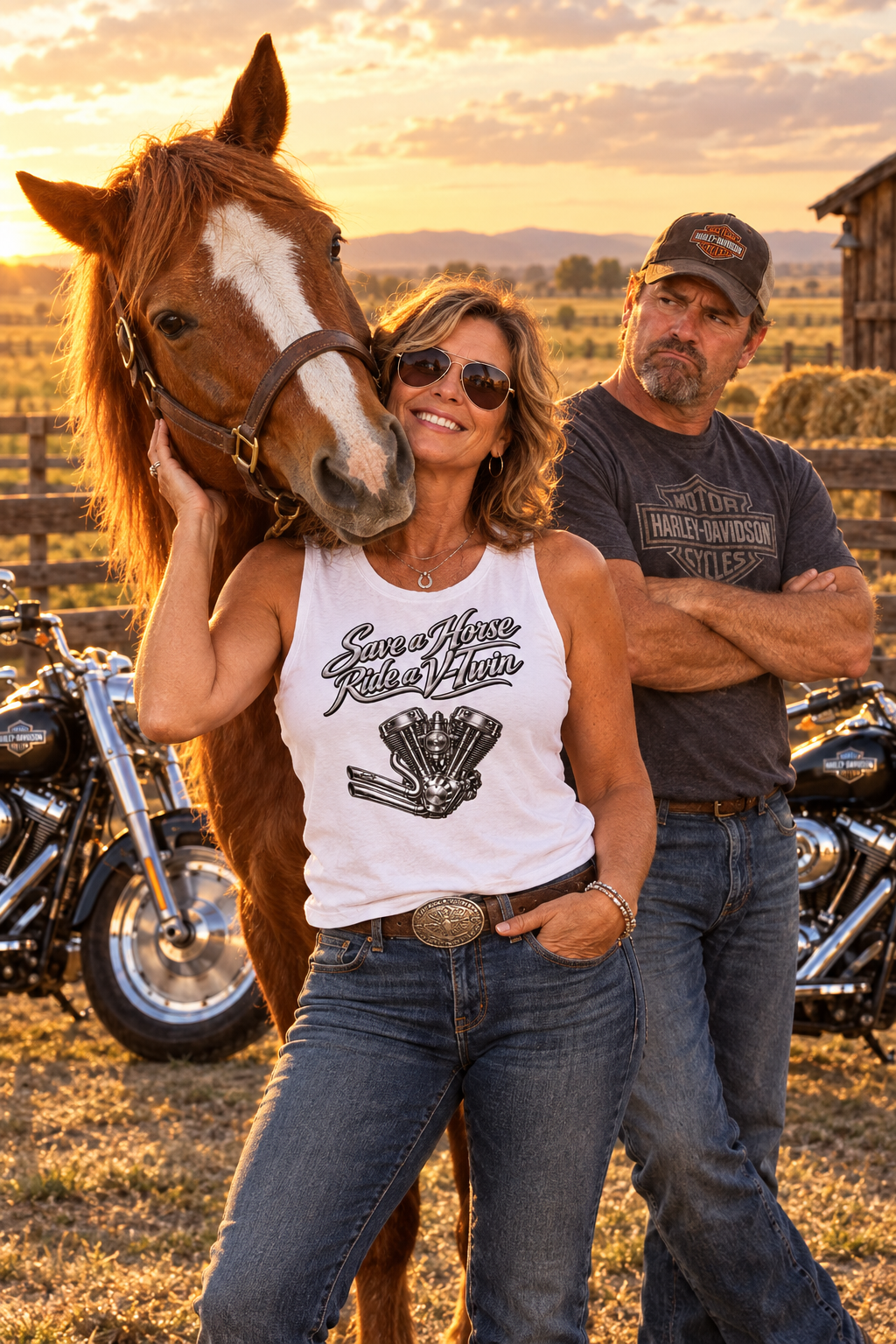 Woman in the white Save A Horse women's crewneck tank with a horse at a ranch