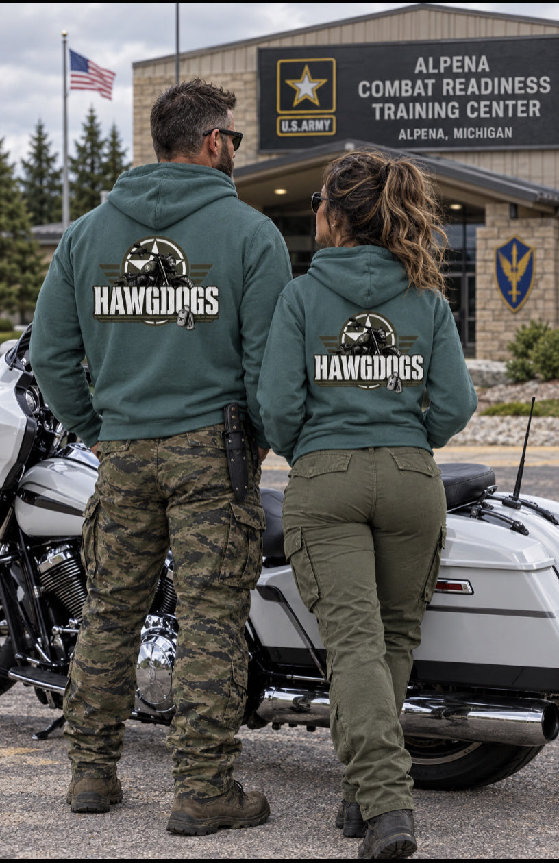 Back of military green Might of The Republic premium hoodies at Alpena Combat Readiness Training Center