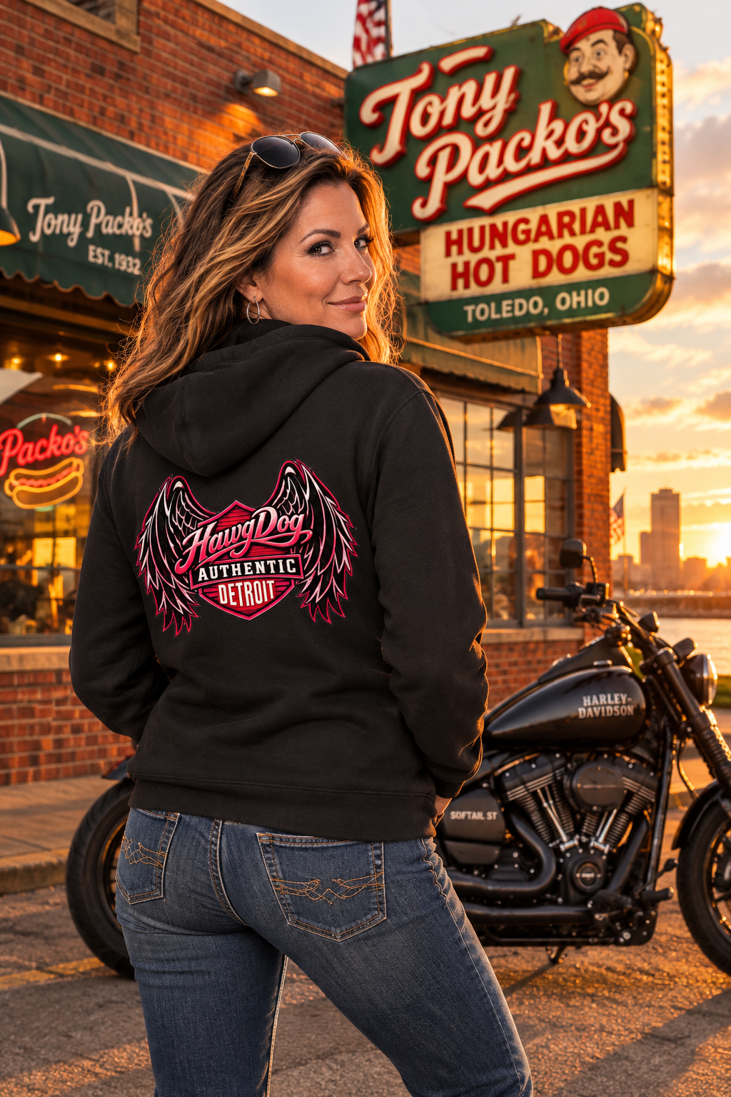 Back of the black Put Something Exciting premium hoodie outside a Detroit hot dog spot