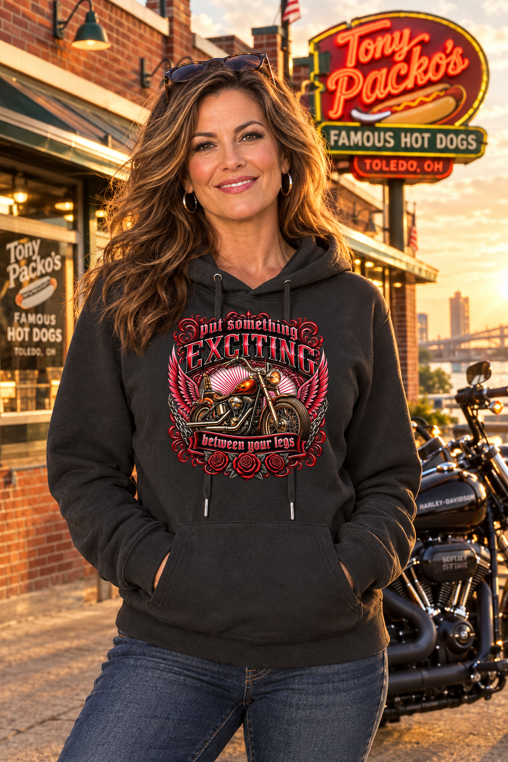 Woman in the black Put Something Exciting premium hoodie beside her motorcycle at sunset