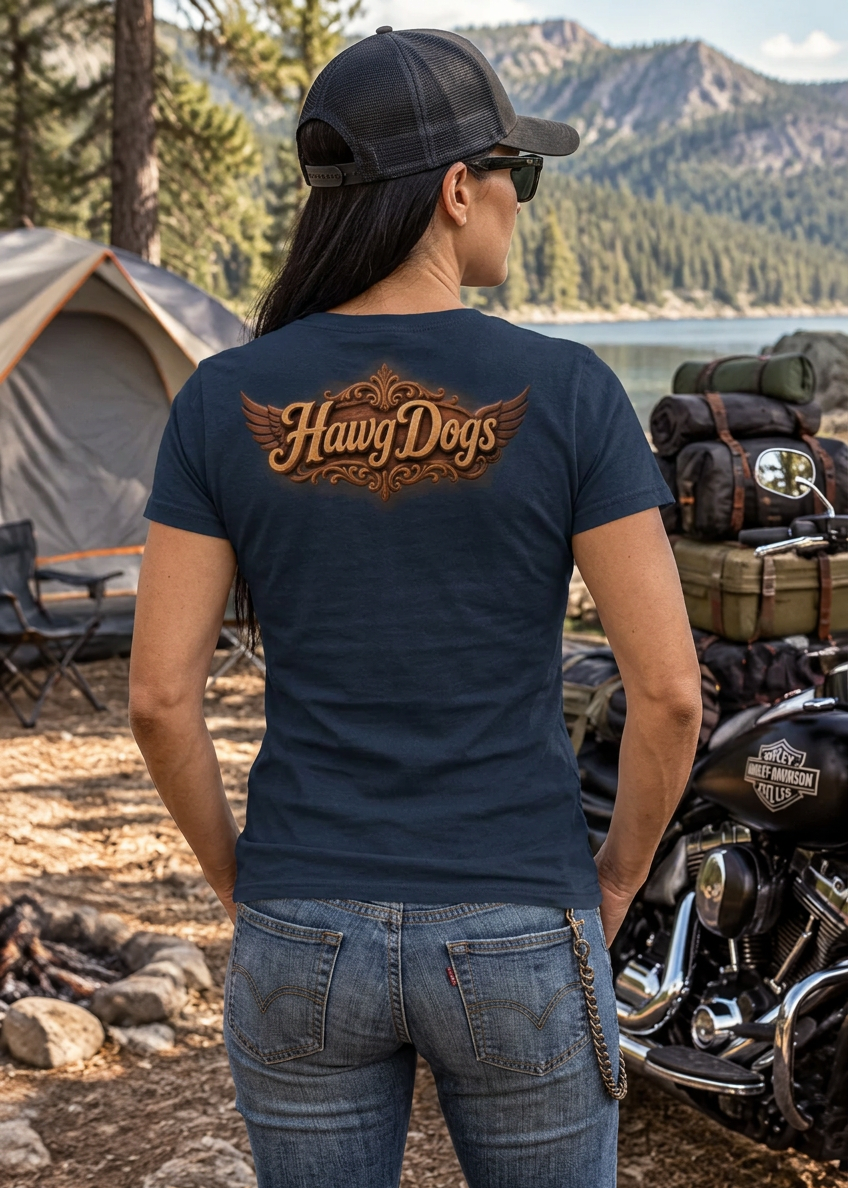 Back of the navy Totem Pooch tee with the HawgDogs logo at camp