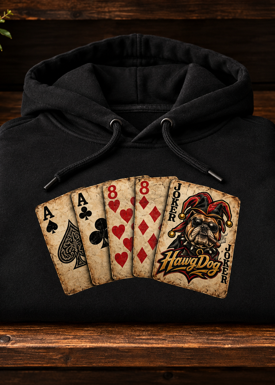 Front of the black HawgDogs Ded-Dog's Hand Ultimate Fleece-147 Hoodie showing the aces, eights, and Ded-Dog joker cards graphic