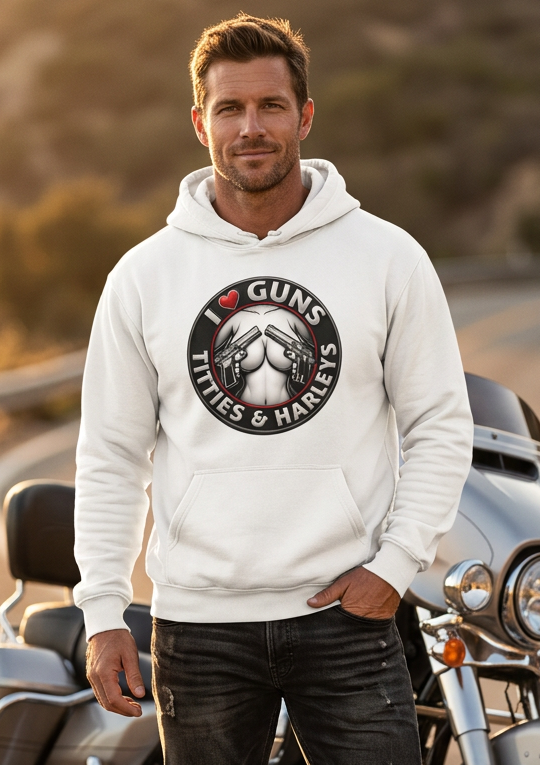 Close-up of the I Love Guns and Harleys front graphic with twin pistols and red heart on the white hoodie