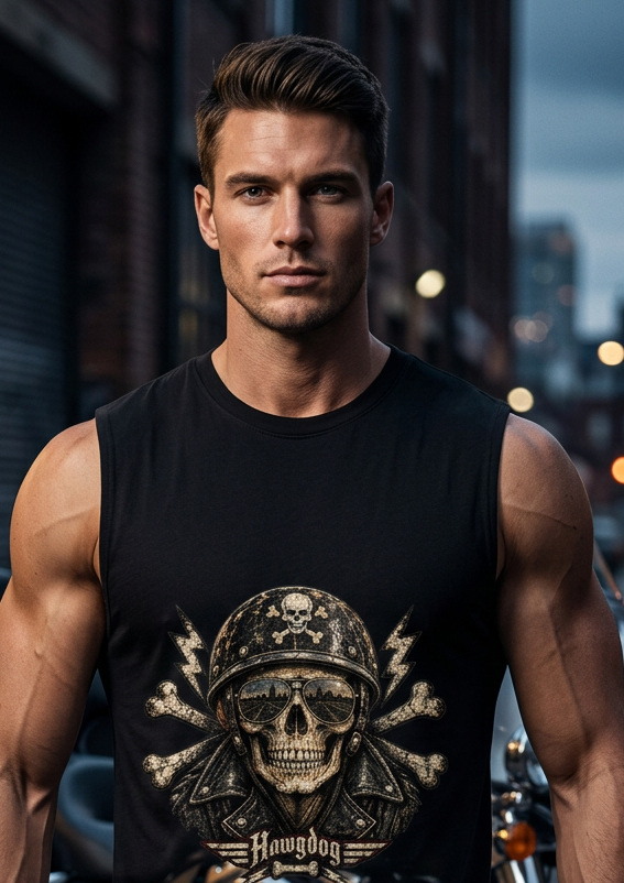 Man in the black Billy Bones men's tank top outside with his motorcycle