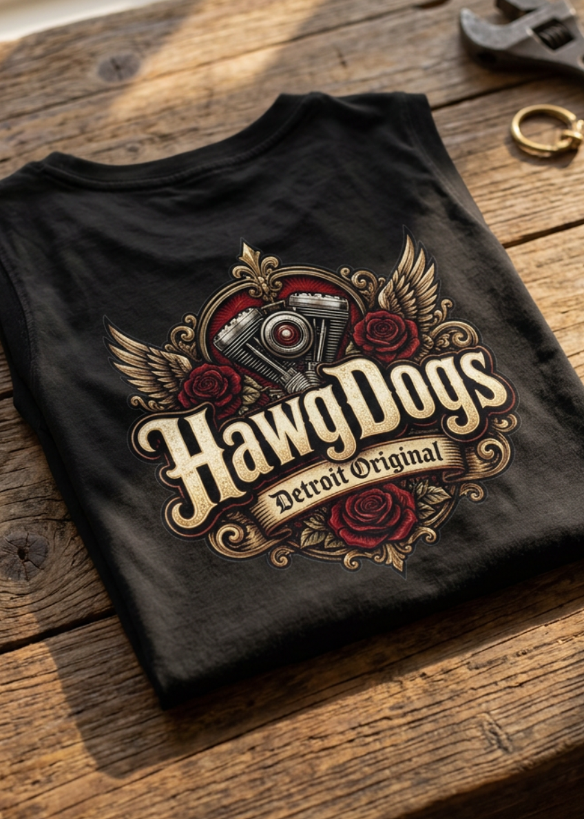 Back of the black Rebel Heart women's crewneck tank with the HawgDogs logo, folded on a wooden table