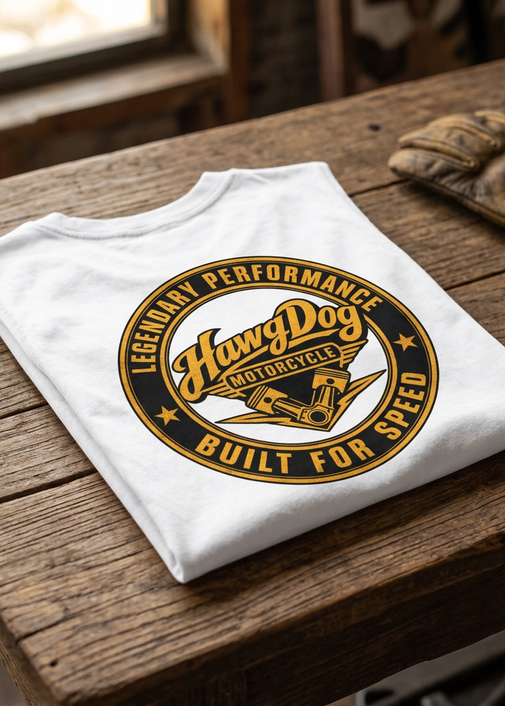 Back of the white Betty Big Twins men's tank top with the Built for Speed gold seal, folded on a wooden table