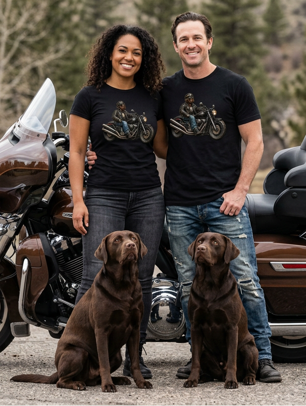 Couple wearing Classic Black HawgDogs Chocolate Biker tees with two chocolate Labs in front of a motorcycle