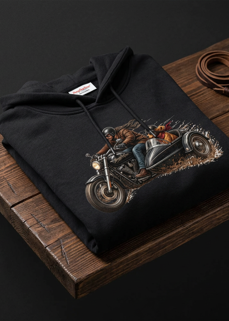Front of the white HawgDogs Side Hustle Men's Hoodie on a wooden hanger