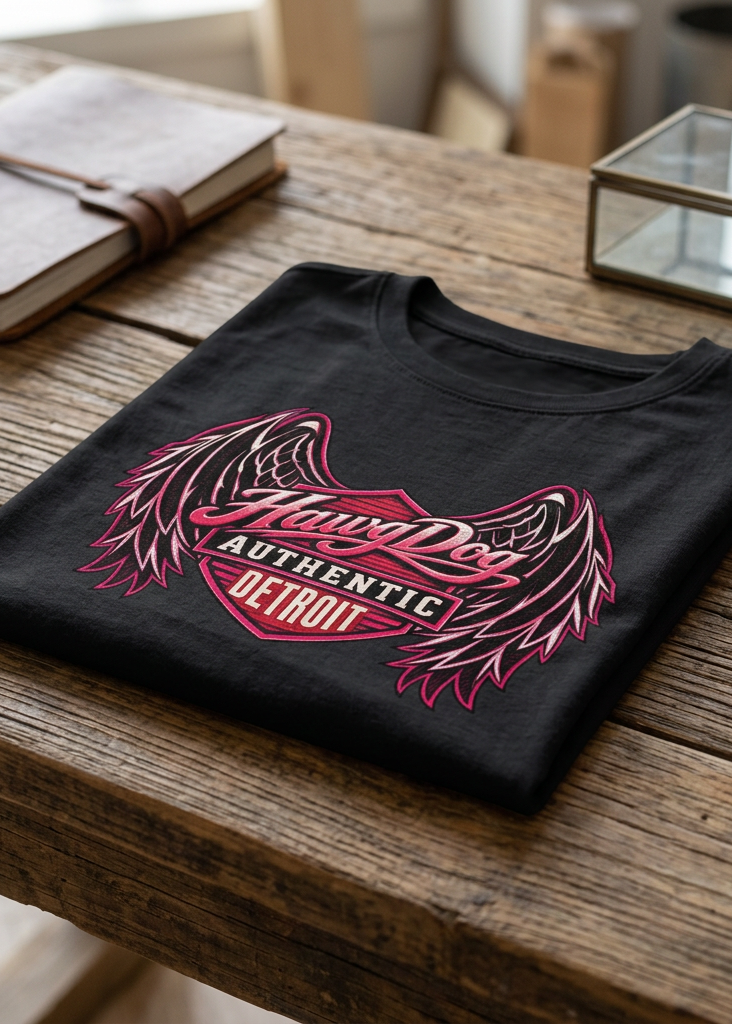 Back of the black Angel Skull women's crewneck tank with the pink winged HawgDog logo, folded on a wooden table