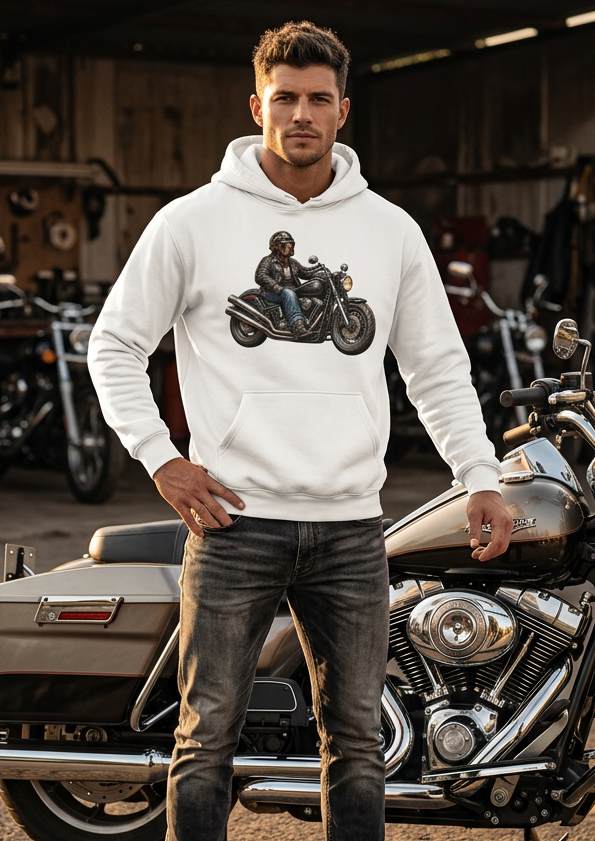 Close-up of the Chocolate Biker Chocolate Lab motorcycle graphic on the white hoodie