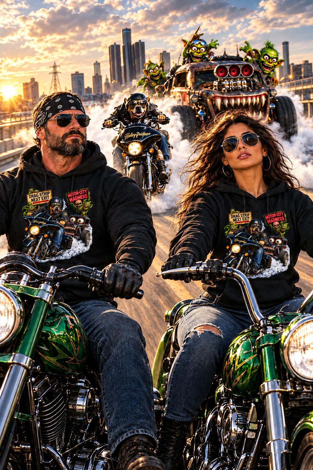 Couple riding green motorcycles in black Drag Rage hoodies through the city