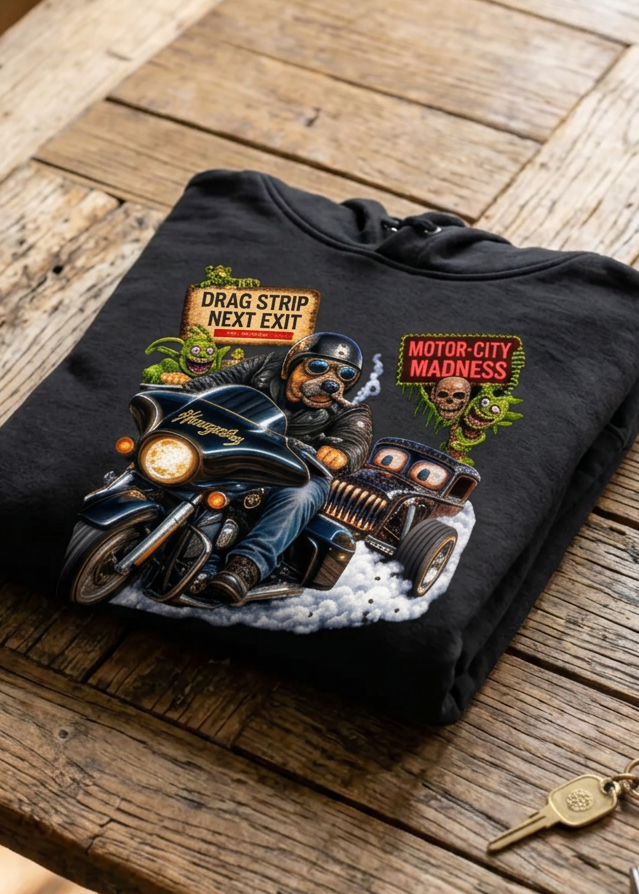 Front of the black Drag Rage hoodie with the Drag Rage burnout graphic, laid flat on a wooden table