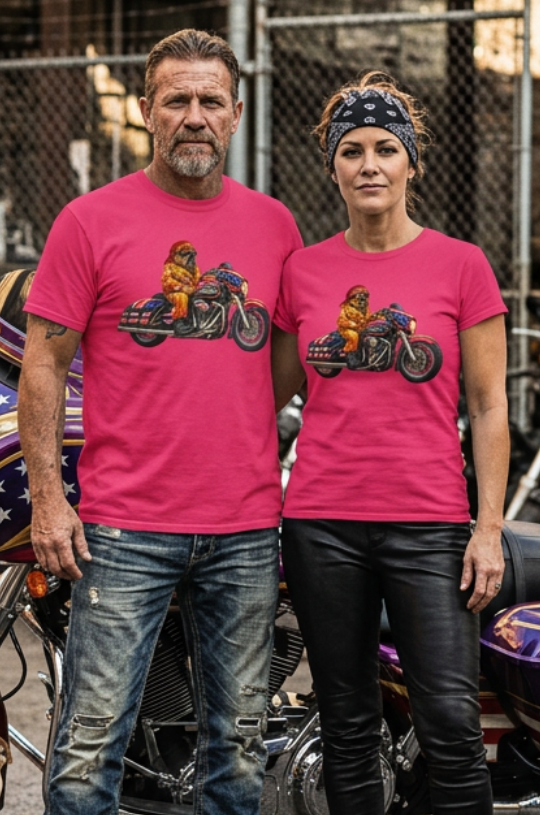Front of the Rose Pink HawgDogs Patriotic Pooch tee with a dog in an orange flame jumpsuit, red bandana and shades riding a stars-and-stripes touring bike