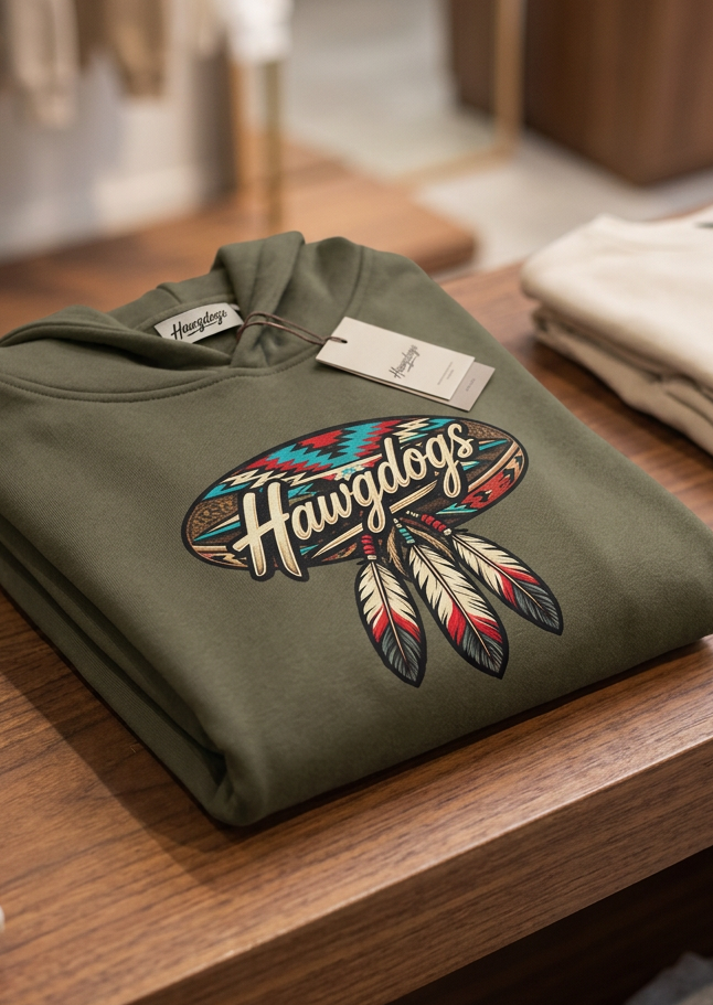 Back of the olive green HawgDogs Thunderhead Ultimate Fleece-147 Hoodie with the HawgDog MC Detroit Chapter club graphic, folded on a wooden table