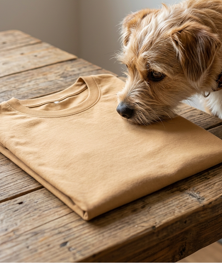 Folded Khaki HawgDogs Chocolate Biker tee on a wooden table with a scruffy dog resting beside it