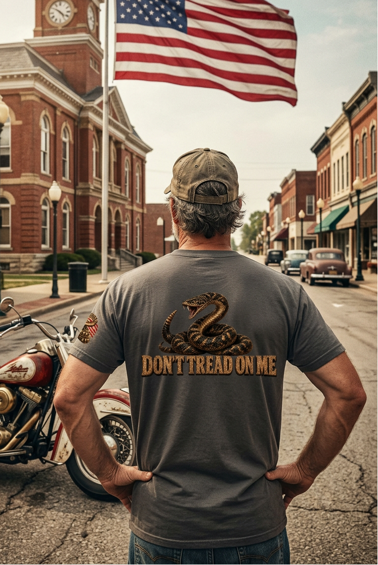 Back of the gray Don't Tread Doggo tee with the coiled snake graphic and flag