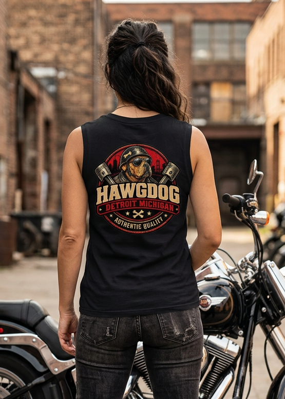 Back of the black Loud Pipes Save Lives women's crewneck tank top with the bulldog Detroit crest on a rider