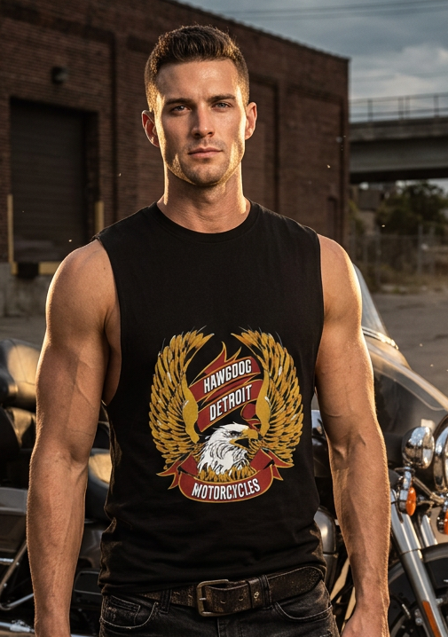 Man in the black Classic Gold Eagle men's tank top with the gold eagle chest graphic