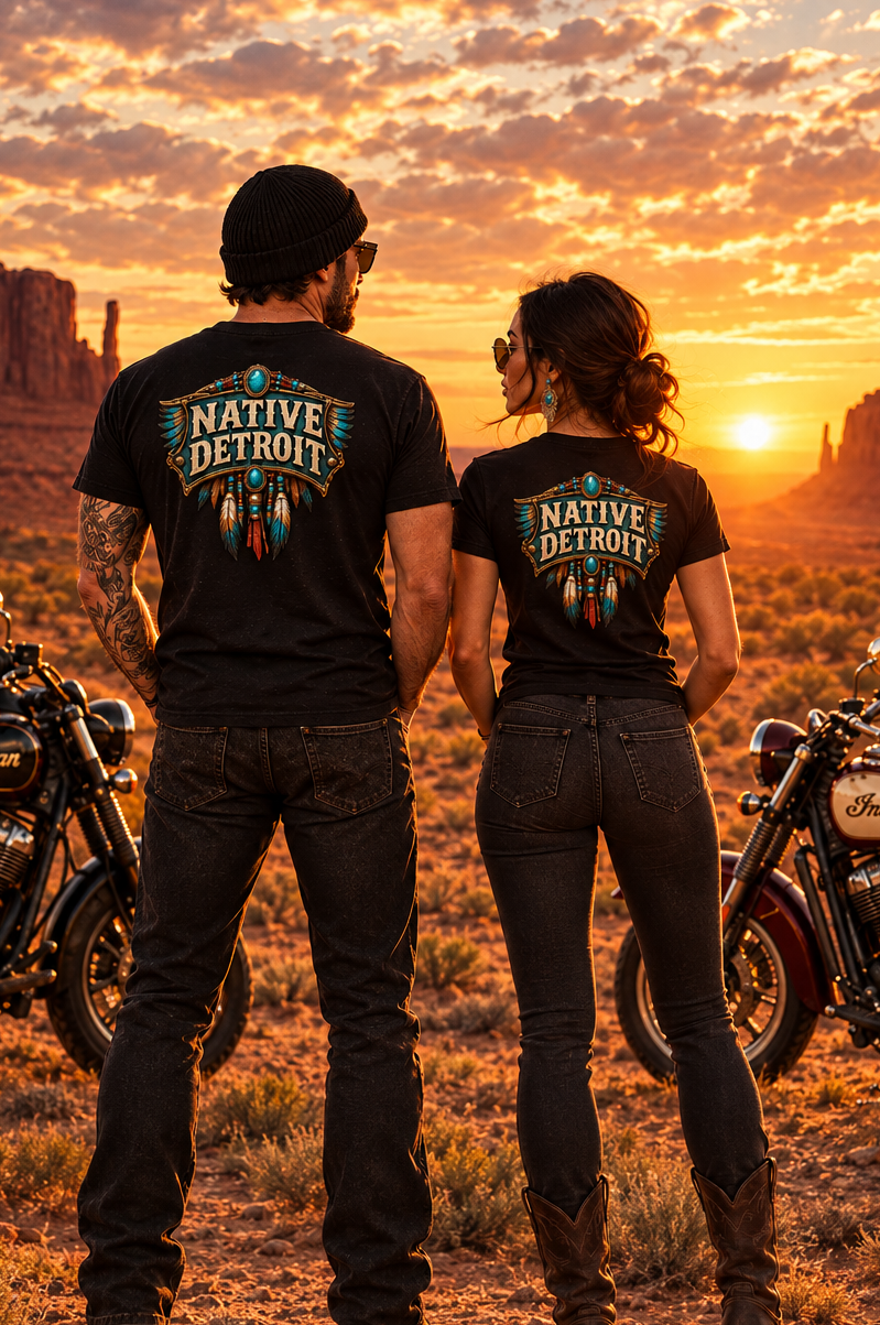 Back of black Native Detroit tees on a couple at sunset