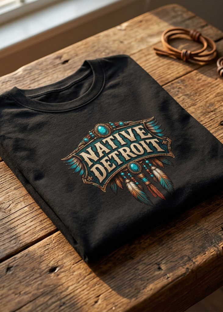 Back of the black Native Detroit tee with the Native Detroit emblem, folded on a wooden table