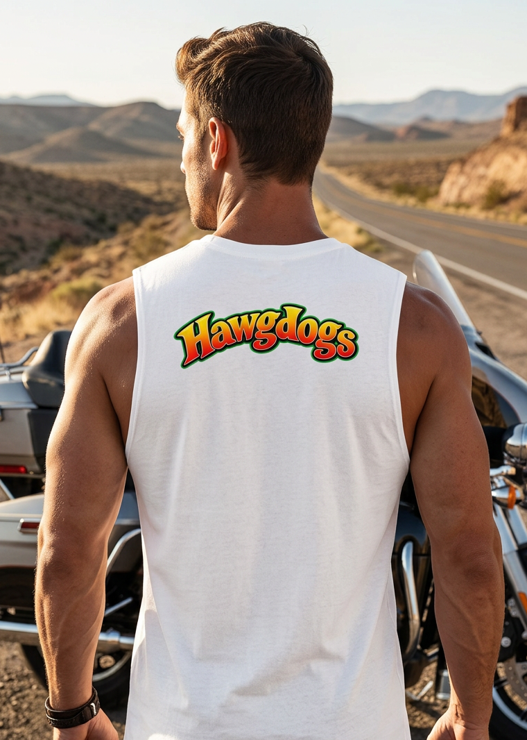 Back of the white Wild Wheelie 1 Down 5 Up men's tank top with the HawgDogs script logo