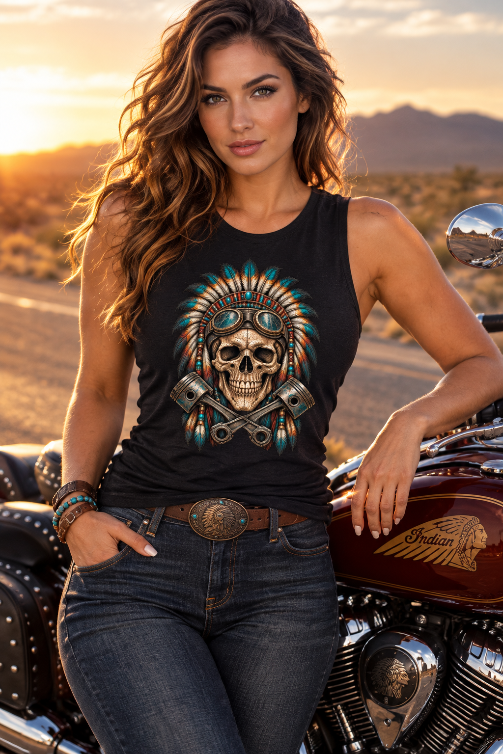 Woman in the black Native Detroit women's crewneck tank with the headdress skull graphic