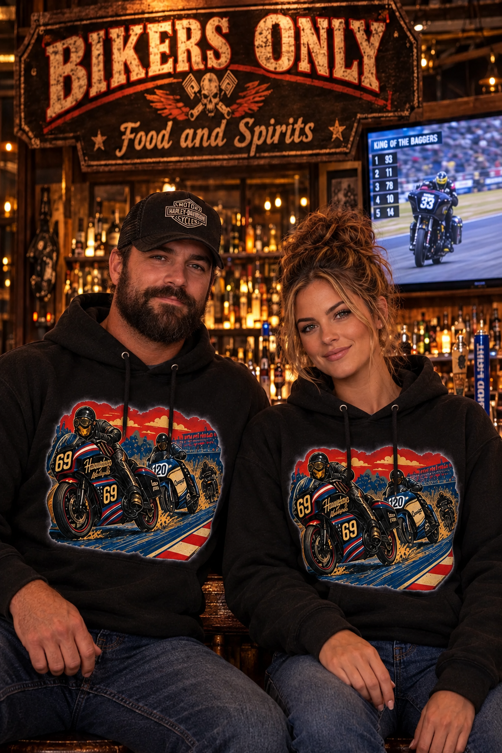 Couple in black Bagger Dogs hoodies at a bikers-only bar