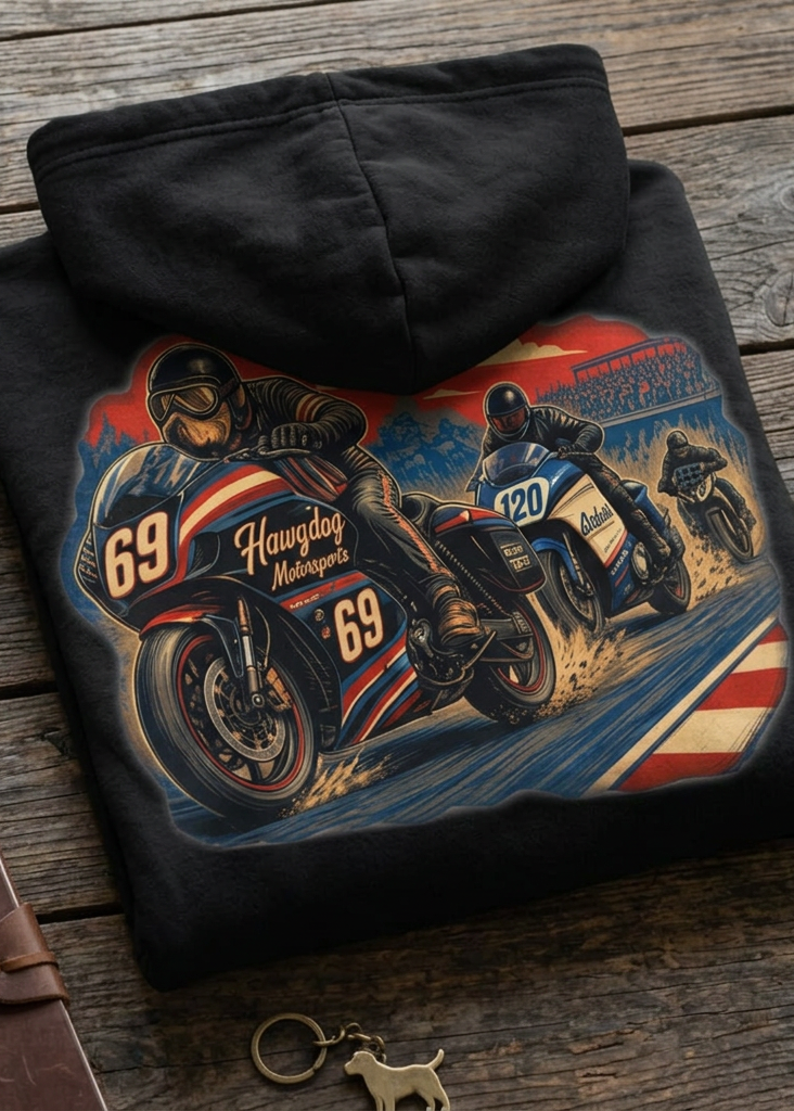 Front of the black Bagger Dogs hoodie with the bagger motorcycle graphic, laid flat on a wooden table