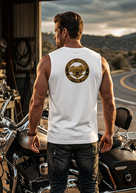 Back of the white Camshaft Carol men's tank top with the Built for Speed seal beside a motorcycle in the desert
