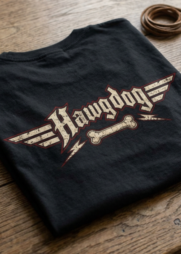 Back of the black Billy Bones tee with the winged Hawgdog logo, folded on a wooden table