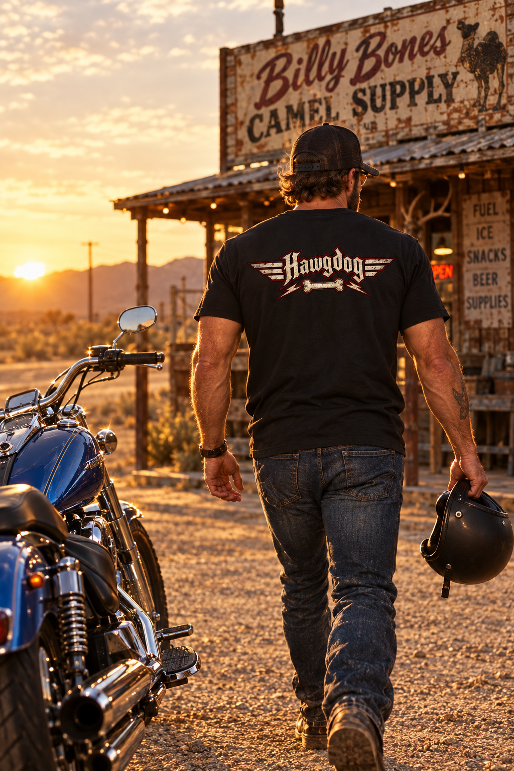 Billy Bones men's tee shirt by HawgDog Gear, black, back, worn by a rider