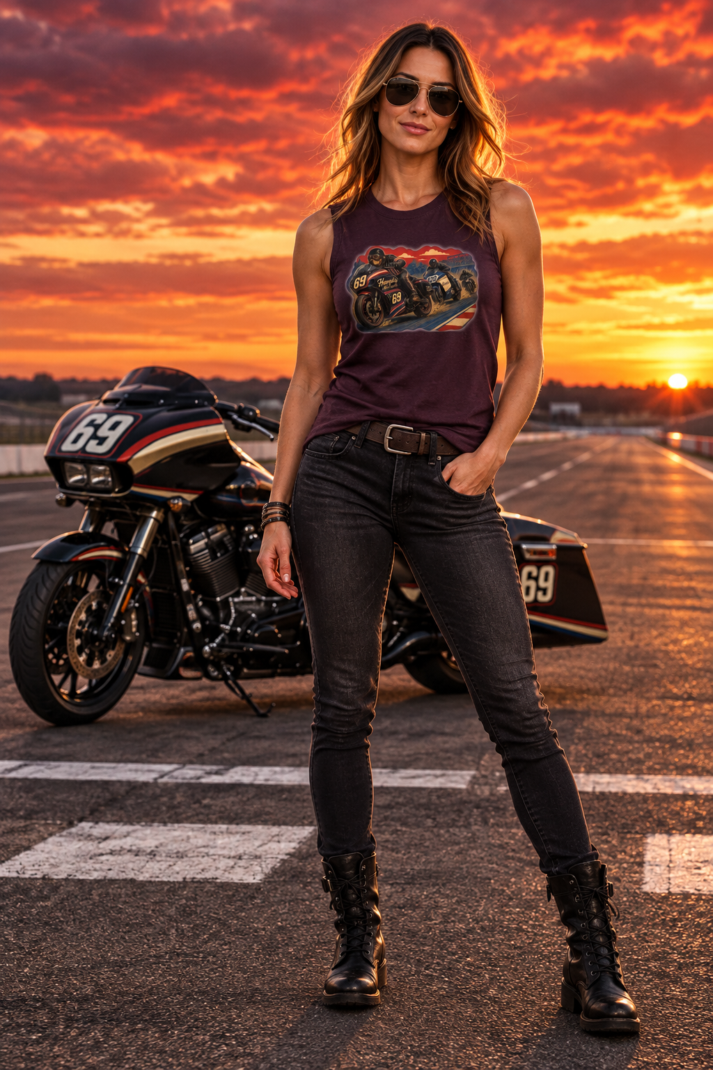 Woman in the maroon Bagger Dogs women's crewneck tank on a drag strip at sunset