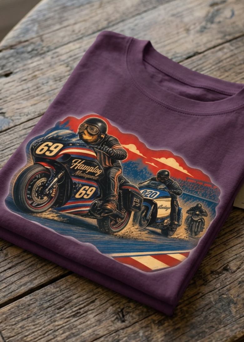 Front of the plum Bagger Dogs women's crewneck tank with the bagger motorcycle graphic, laid flat on a wooden table