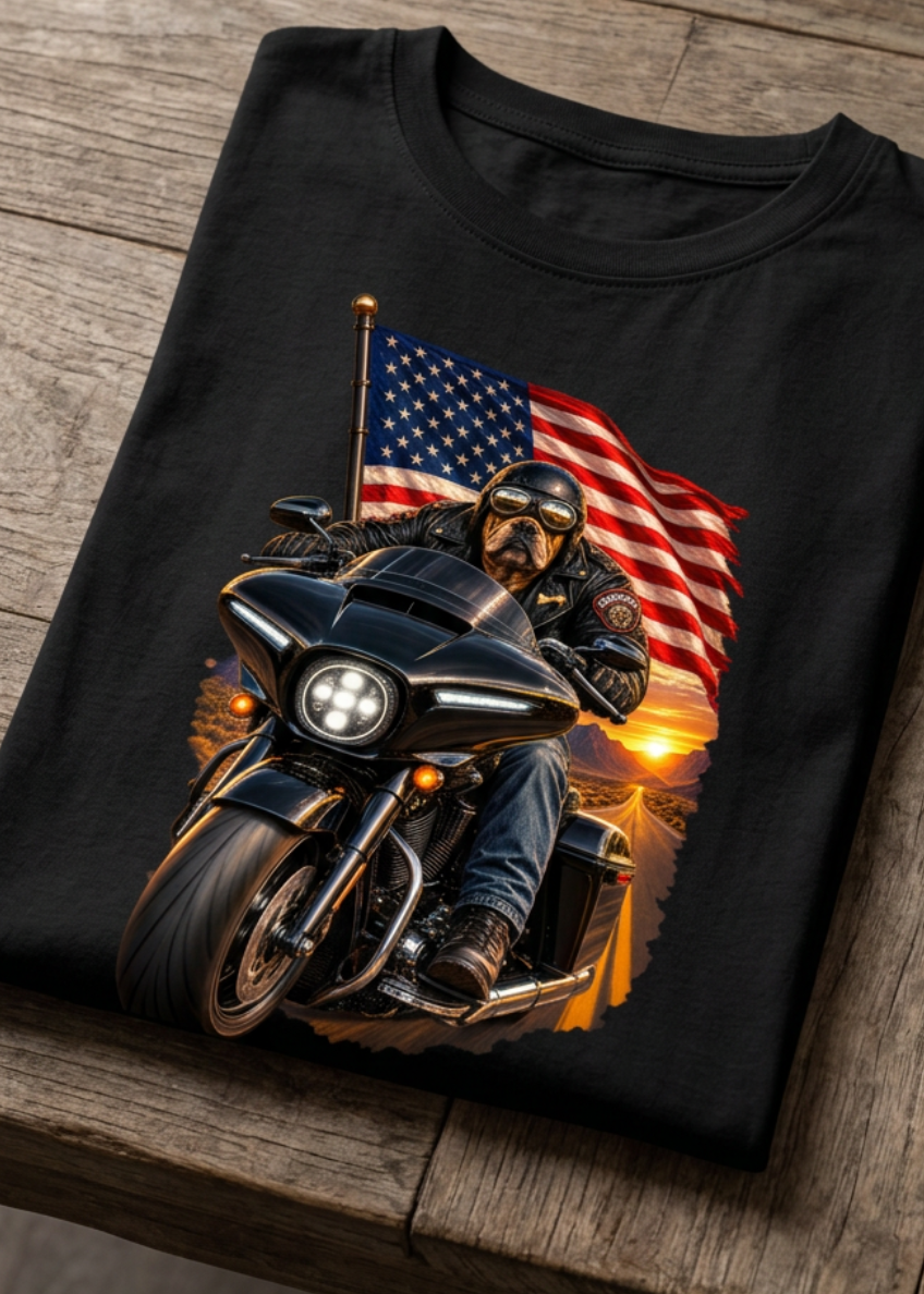 Front of the black Don't Tread Doggo women's crewneck tank with the flag and motorcycle Don't Tread On Me graphic, laid flat on a wooden table