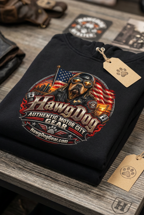 Back of the black American Dog hoodie with the HawgDog Motor City patch, folded on a wooden table