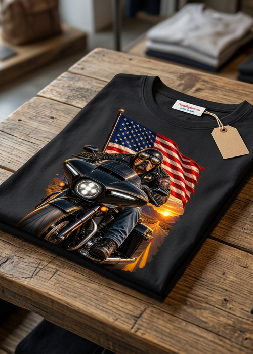 Front of the black American Dog men's tank top with the flag bulldog biker graphic, laid flat on a wooden table