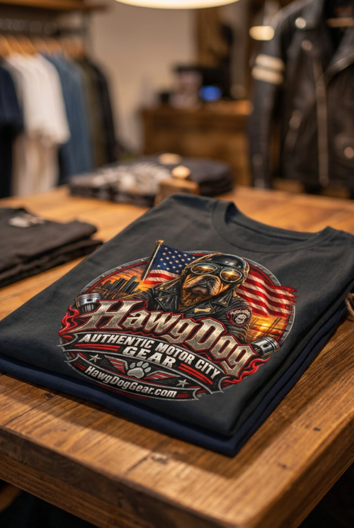 Back of the black American Dog men's tank top with the HawgDog Motor City patch, folded on a wooden table